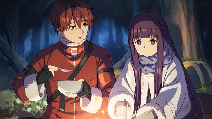 Frieren and Stark in a forest at night