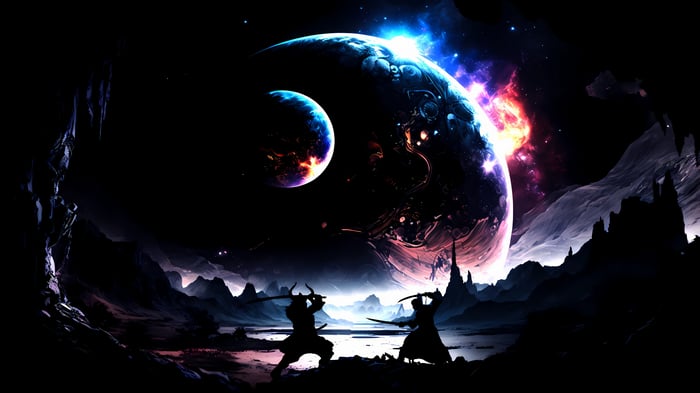 Two Samurai Silhouettes Fighting Under Planets 4K