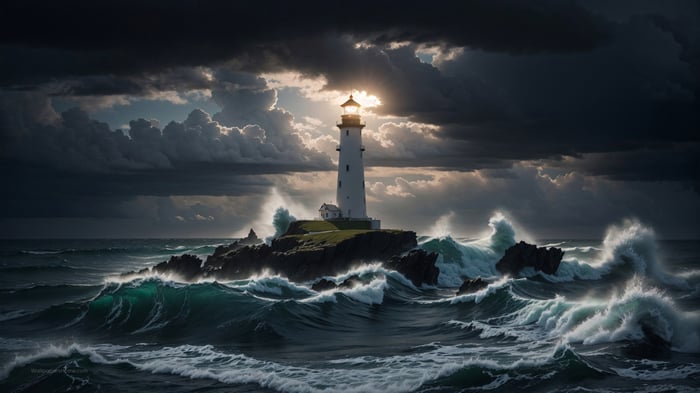Lighthouse on an island during a storm 4K