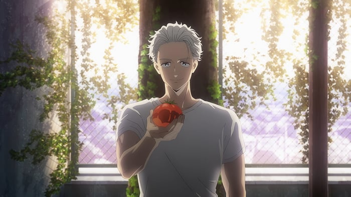 Hajime Umemiya from Wind Breaker holding a tomato