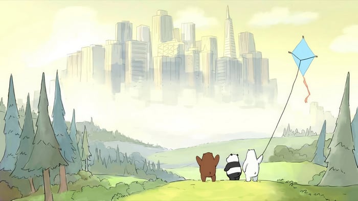 We Bare Bears flying a kite with a city in the background