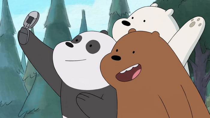 We Bare Bears taking a selfie in the forest