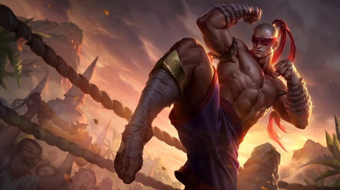 Lee Sin performing a Muay Thai kick in League of Legends 4K