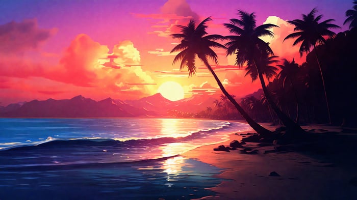 Beach Sunset with Palm Trees and Ocean Waves 4K
