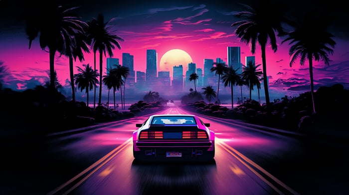 Retro car driving towards a city at sunset