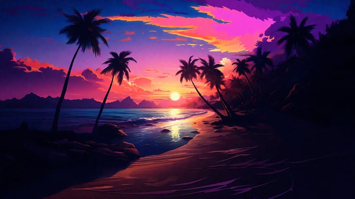 Beach with Palm Trees at Sunset 4K