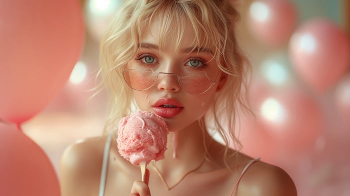 Blonde Girl with Ice Cream and Pink Balloons 4K