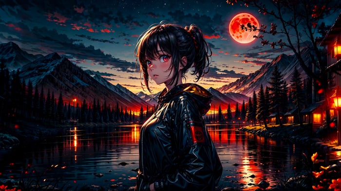 Anime Girl by a Lake Under a Red Moon 4K
