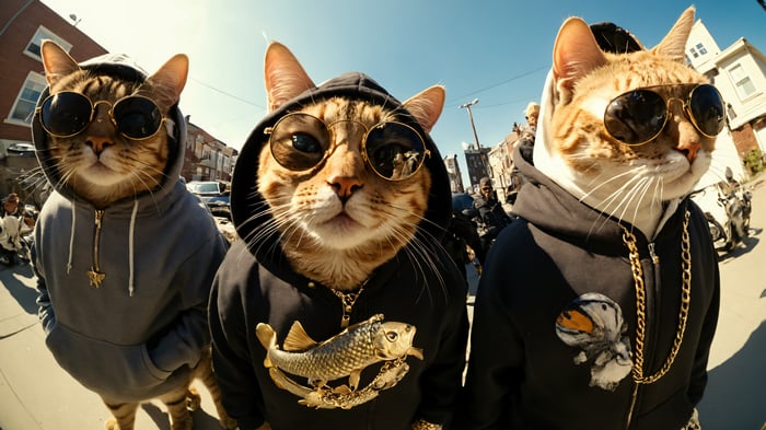 Three gangster cats wearing sunglasses and hoodies