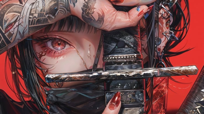 Anime Girl with Sword and Tattoos 4K