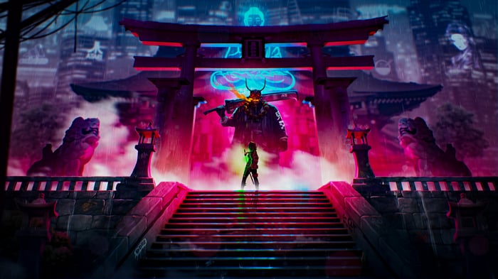 Cyberpunk Yokai Monster in Neon Torii Gate 4K