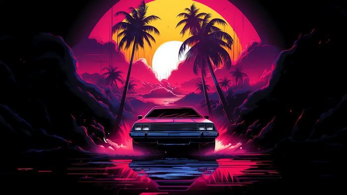 Retro Car Driving Towards a Neon Sunset with Palm Trees 4K