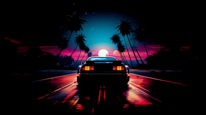 Retro car driving on a road at sunset with palm trees