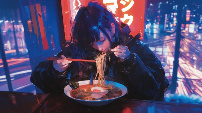 Anime Girl Eating Noodles in Neon City 4K
