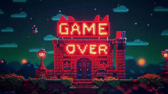 Pixel Art Castle with "Game Over" Neon Sign