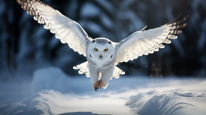 Snowy Owl in flight over a snowy landscape