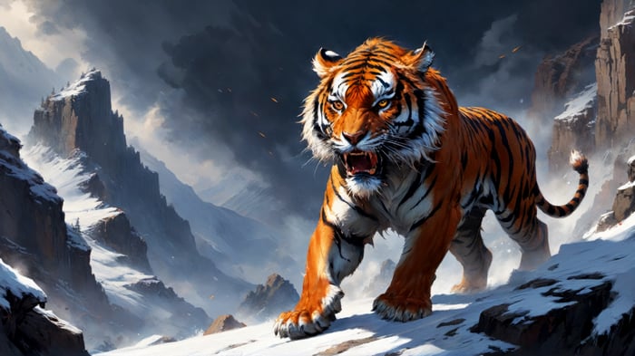 Tiger in a snowy mountain landscape, digital art, 4K