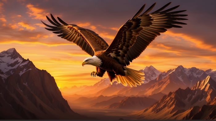 Bald Eagle Flying Over Mountains at Sunset 4K