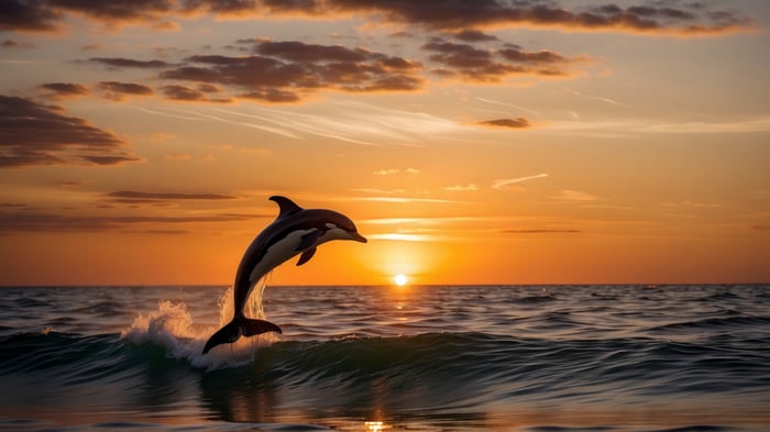 Dolphin jumping at sunset over the ocean