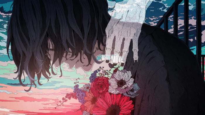 Anime Boy Crying Alone with Flowers 4K