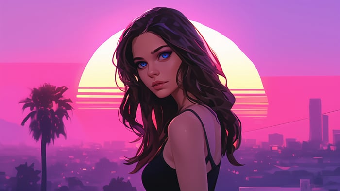Synthwave girl with blue eyes at sunset