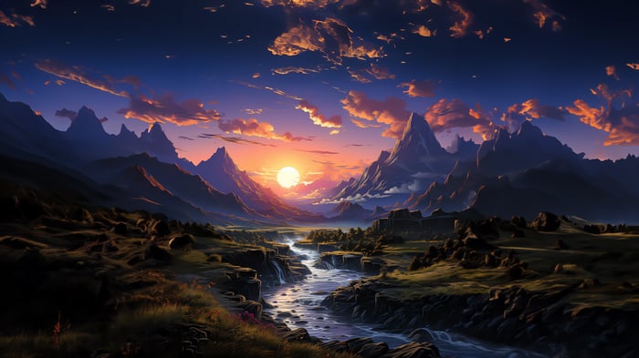 Sunrise over a mountain river landscape 4K