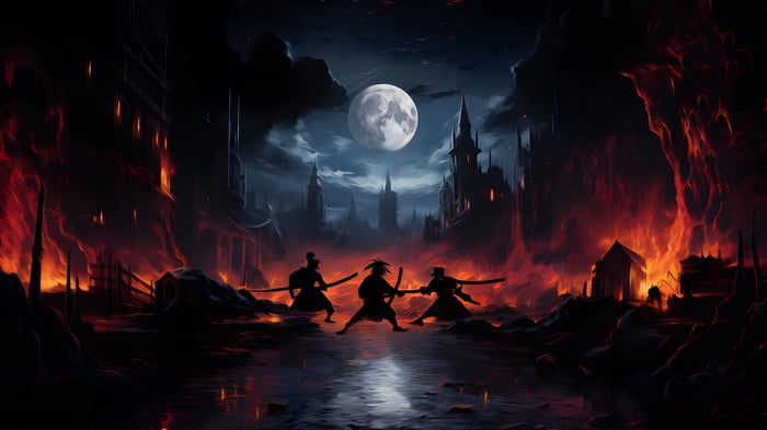 Samurai Battle Under the Moon in a Burning City 4K