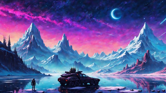 Sci-fi vehicle and astronaut on a snowy alien planet