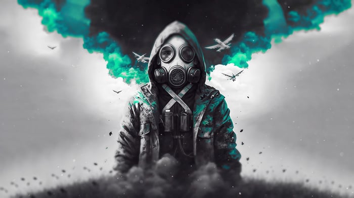 Man in Gas Mask with Teal Smoke and Birds