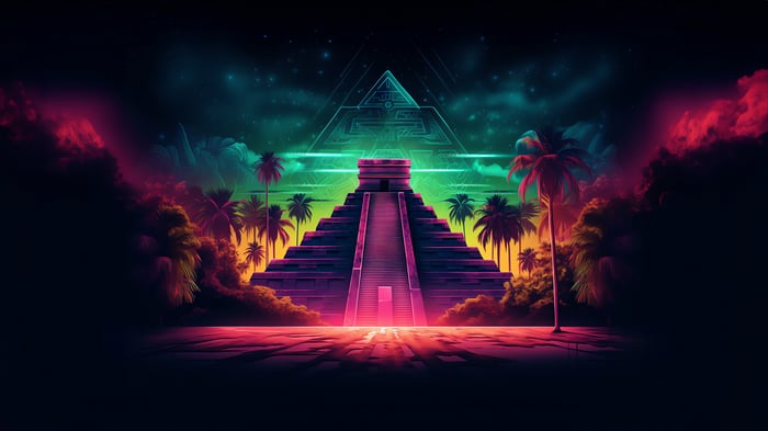 Aztec Pyramid with Palm Trees and Geometric Sky