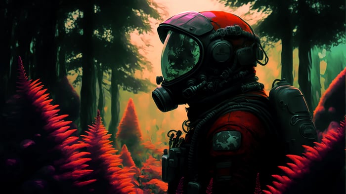 Astronaut in a red suit in a forest