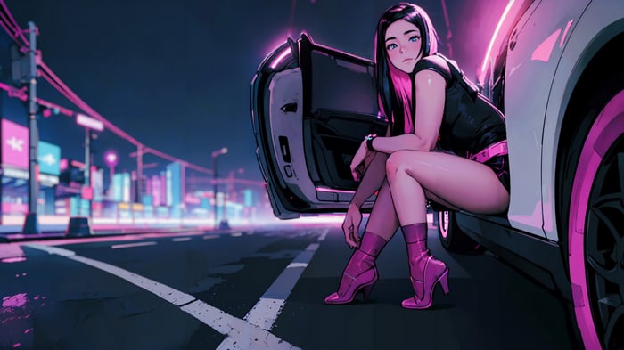 Anime Girl in Pink Boots by a Car at Night 4K