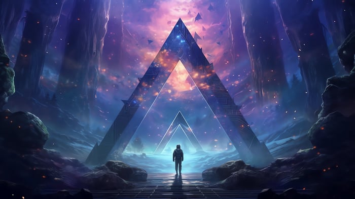 Man in front of a giant pyramid in space 4K