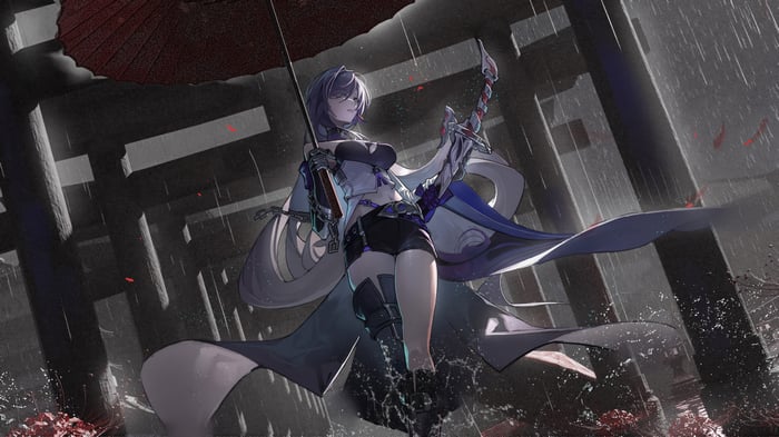 Acheron from Honkai: Star Rail in the rain