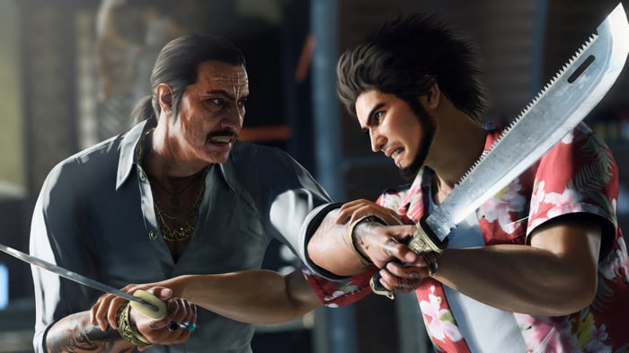Like A Dragon: Infinite Wealth: Ichiban Kasuga and man with swords