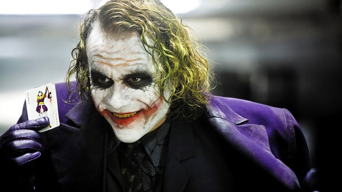The Joker holding a playing card in The Dark Knight 4K