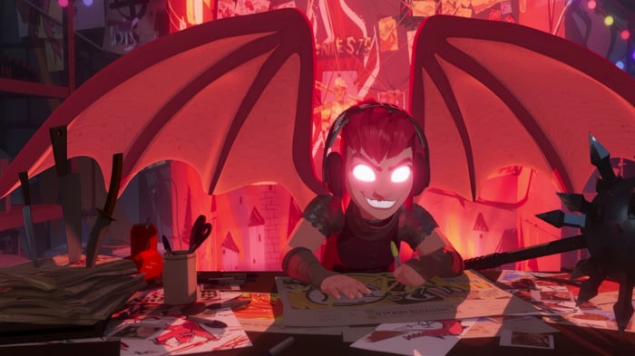 Nimona with red wings and glowing eyes