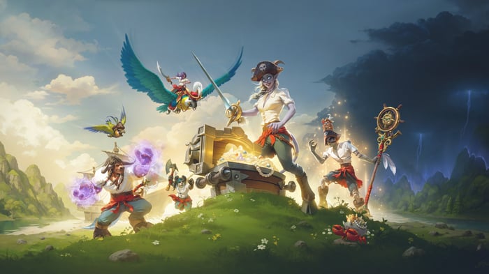 Pirate characters with treasure chest and magical effects