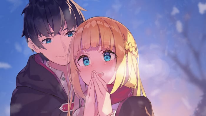 Anime couple in front of a sunset