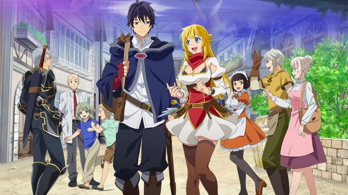 Anime characters in a town square