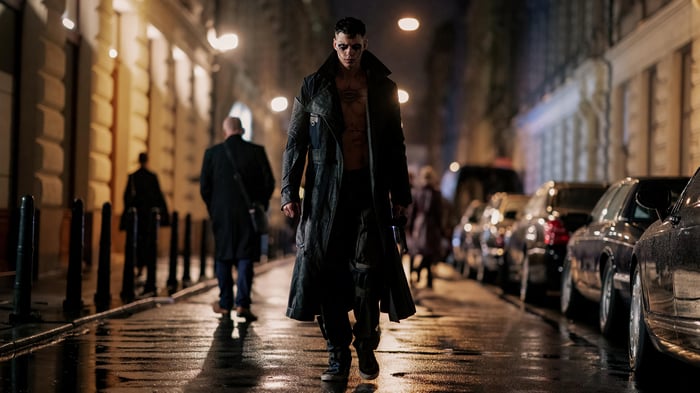 Bill Skarsgard as The Crow on a Wet Street 4K