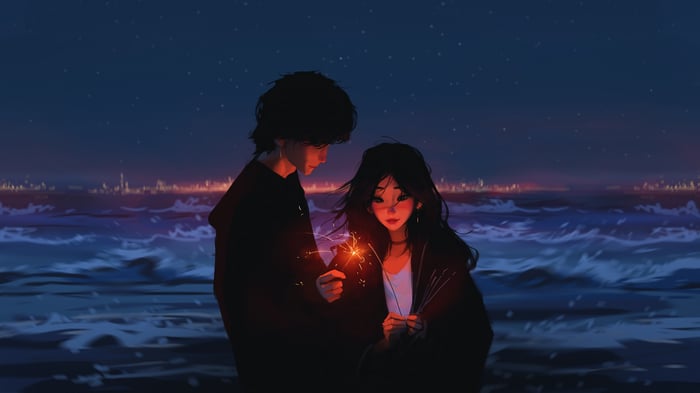 Couple with Sparklers on Beach at Night 4K