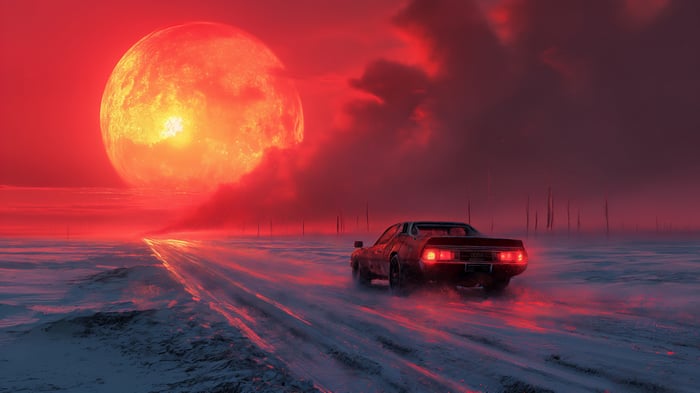 Muscle Car on a snowy road under a large red sun