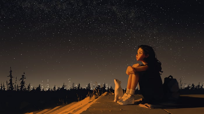 Girl and cat watching the starry night sky