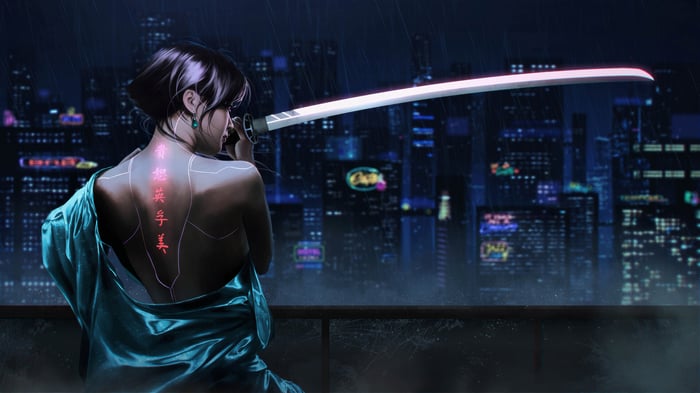 Cyberpunk Samurai Girl with Katana in Neon City 4K