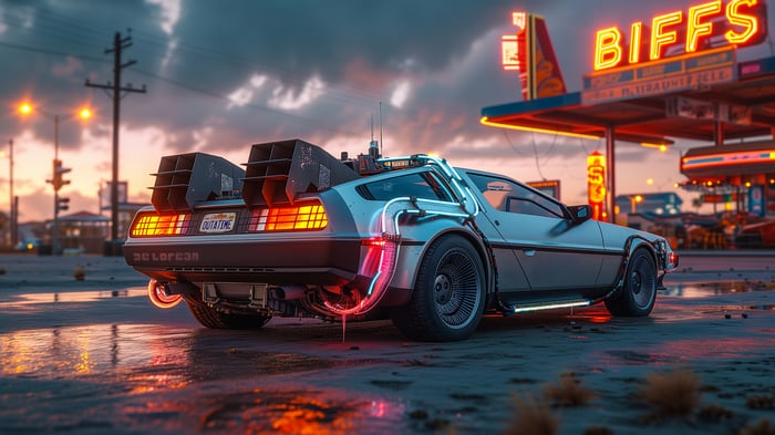 DeLorean Time Machine at Biff's Gas Station 4K