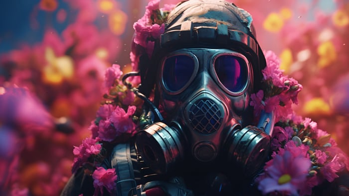 Soldier in Gas Mask with Pink Flowers 4K