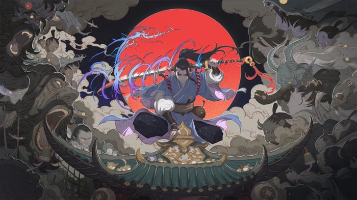 Samurai Warrior with Katana under a Red Moon
