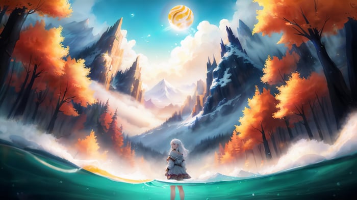 Anime girl in a fantasy landscape with mountains and autumn trees