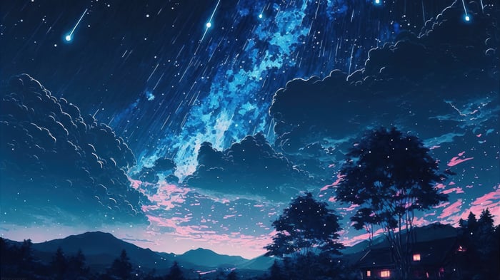 Anime Night Sky with Shooting Stars and Clouds 4K